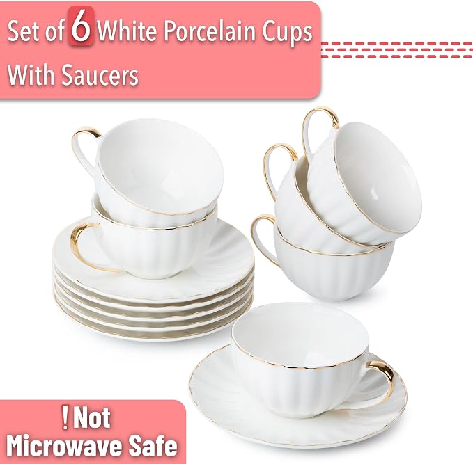 BTaT- Cappuccino Cups with Saucers 7 oz, Set of 6, Golden Trim Design | White Porcelain Coffee Cup Set, Dishwasher Safe, Ideal for Mocha Tea Au Lait Flat