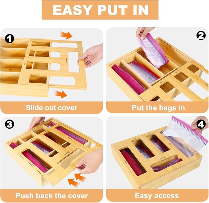 Bag Storage Organizer Compatible with Ziploc Gallon, Quart, Sandwich & Snack Sized Slider Bags,Bamboo Organizer For Drawer(13.7"L*11.8H"*3.1W")
