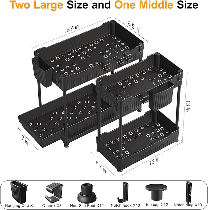 Sevenblue 3 Tier Wooden Fruit Basket with 2 Mobile Banana Holders, Height Adjustable 2 Packs Under Sink Organizer
