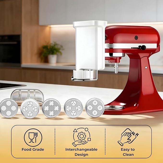 5-in-1 Durable Pasta Press Attachment Compatible with KitchenAid Stand Mixer, Pasta Extruder with 5 Interchangeable Plates and Brush | Makes Spaghetti, Bucatini, Fusilli, and Macaroni