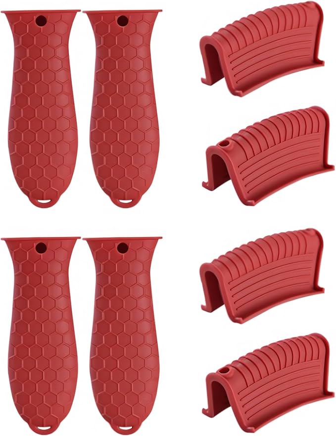 8 Pieces Silicone Hot Tool Holder Heat Resistant Potholder Cookware Handle Non Slip Rubber Pot Holders Handles Grip Covers for Cast Iron Skillet Silicone Cooking Kitchen Suits (Red)