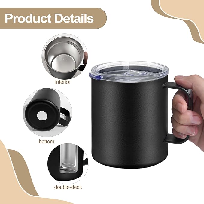 YOUKE OLA 16 Pack Stainless Steel Insulated Coffee Mug Bulk with Handle & Lids, Powder Coated 12oz Vacuum Insulated Double Wall Mug for Laser Engrave, Black