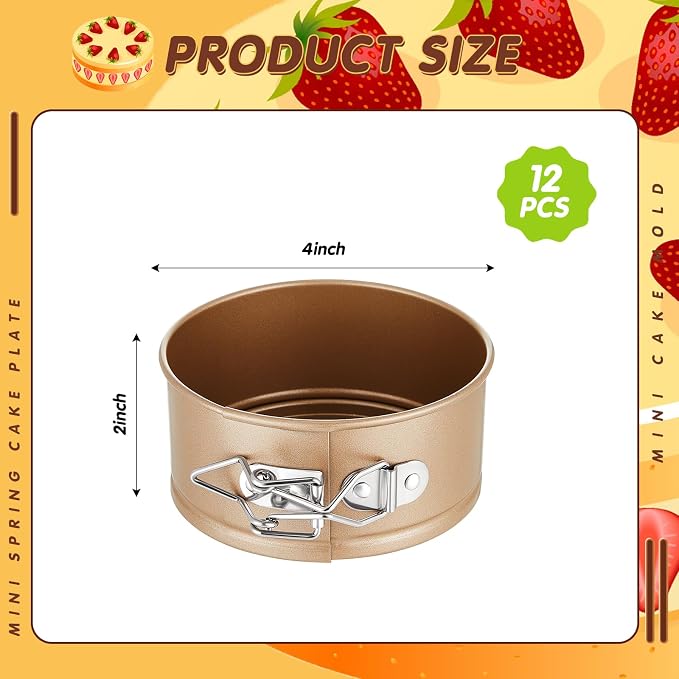 Sunnyray 12 Pcs 4 Inch Springform Pan for Baking Mini Cheesecake Pans with Removable Bottom Nonstick Leakproof Round Cake Mold Spring Form Molds for Mini Cheesecake Pizza and Quiches (Gold)