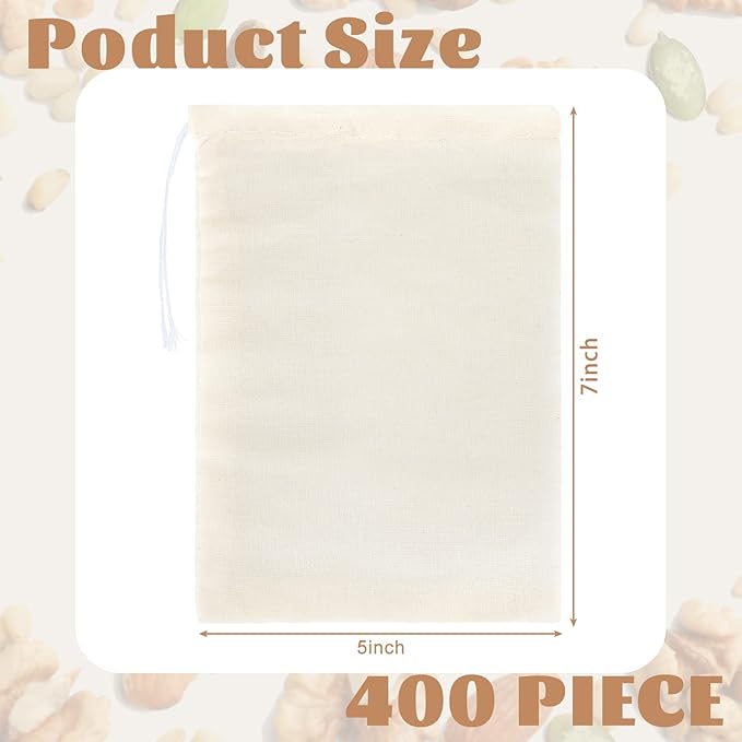 Tatuo 400 Pcs Cotton Muslin Bags with Drawstring Reusable Cloth Sachet Pouch Empty Gift Canvas Bags Bulk for Jewelry Home Party Favors (5 x 7 Inch)