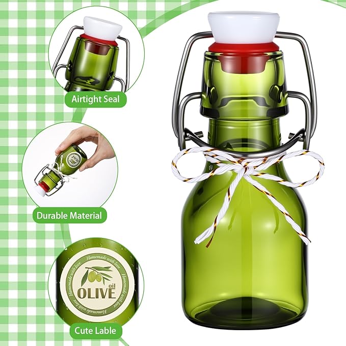 Queekay 20 Pack Mini Swing Top Glass Bottles for Vanilla Extract Homemade Olive Oil Bottles with Lids Airtight Cap Lids Labels for Wedding Baby Shower Favors(2 oz,Olive Green)