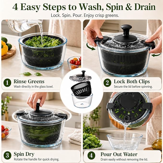 Large 5.2 Qt Glass Salad Spinner Vegetable Dryer with Drain Microwave Safe Dishwasher Safe with Transparent Lid Crank Handle Quick Spin Greens Washer for Lettuce Herbs Fruits (black)