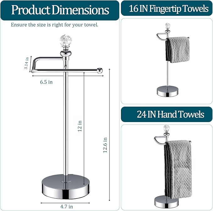 ROLABAM Bath Hand Towel Holder Standing, Stainless Steel Stable Free-Standing Towel Bar for Bathroom Kitchen Countertop, Rustic Towel Ring Stand with Crystal Ball 15.7” H (Polished Chrome, 2 Pack)