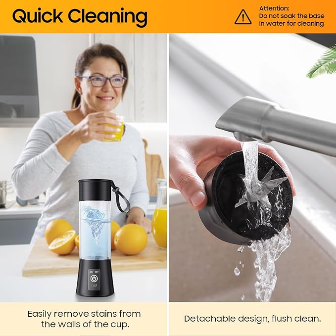 Portable Blender for Shakes and Smoothies - Newly Upgraded 13 Oz Mini Blender with 6 Blades, USB & Type-C Rechargeable, Suit for Making Fresh Juice, Convenient for Travel Sports