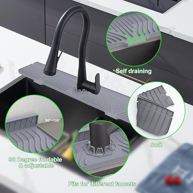 deaunbr 33inch Kitchen Sink Splash Guard Mat,Silicone Material Protects Faucet Handle from Dripping Water,Faucet Mat Splash Catcher,Multipurpose for Kitchen Sink, Sink Sponge Holder