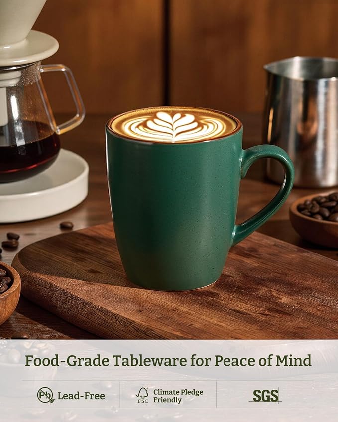 famiware Venus Coffee Mugs for 6, 13 oz Mug Set, Dringking Cup with Handle for Coffee, Tea, Cocoa, Milk, Dark Green