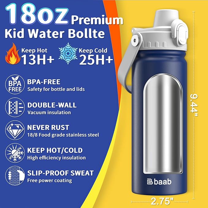 baab 18oz Kids Water Bottle, Insulated Kids Water Bottle with Lockable Spout Lid & Stickers, 18/8 Stainless Steel Vacuum Leakproof Kid Water Cup with Handle for Boy Girl & School (Grey+Navy Blue)