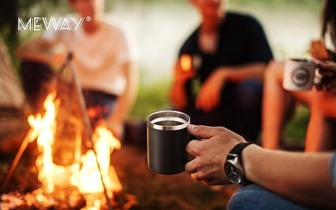 MEWAY 12oz Coffee Mug With Handle 2 Pack Bulk,Stainless Steel Insulated Travel Tumblers With Sliding Lid,Double Wall Vacuum Camping Cup for Hot & Cold Drinks Tea (Black,Set of 2)