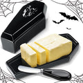 Reallnaive 2 Pcs Coffin Butter Dish with Lid Set with Butter Knife Black Gothic Skull Shape Ceramic Halloween Gothic Horror Kitchen Utensils Gift for Halloween Table Decoration Party Supplies(Flat)