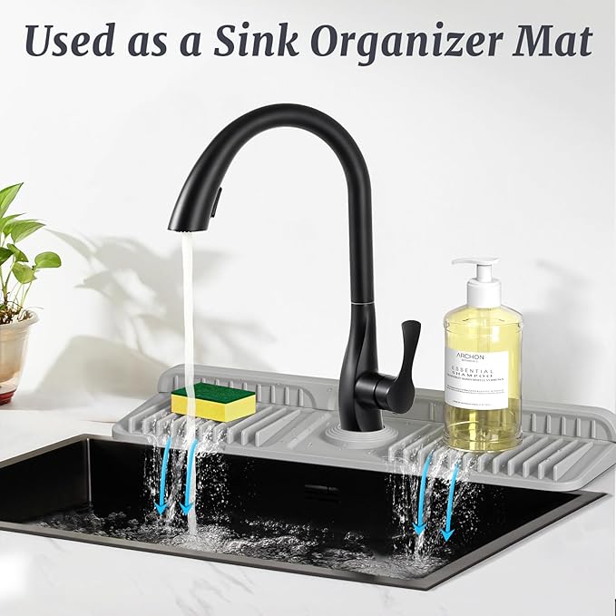 PoYang 17.7 inch Faucet Mat for Kitchen Sink Splash Guard, 7° Slope Silicone Sink Water Splash Guard for Kitchen Sink Area with Snap, Long Sink Protectors for kitchen Sink Sponge Holder, Light Grey