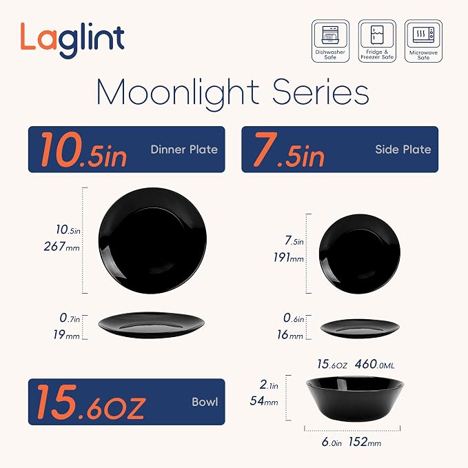 Dinnerware Sets for 4, LaGlint 12 Pieces Opal Glass Plates and Bowls Set, Dishwasher and Microwave Safe Dish Dinning Ware, Chip and Scratch Resistant Dishware Black