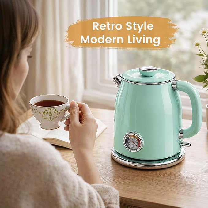 Mecity Retro Electric Kettle 1.7L, Stainless Steel Interior (No Plastic Contact), Double Wall Cool Touch, Fast Boil 1500W, Thermometer (°F/°C), Removable Lid, Wide Opening Easy Cleaning, 120V, Green