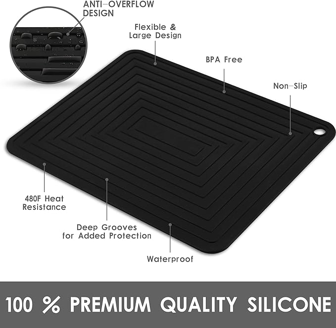 Silicone Trivets for Hot Dishes-Pots and Pans, Heat Resistant Mats Hot Pads for Kitchen Table, Non Slip Silicone Mats, Pot Holders, Flexible Placemats, Rectangular Microwave Mats Pack 4 Black