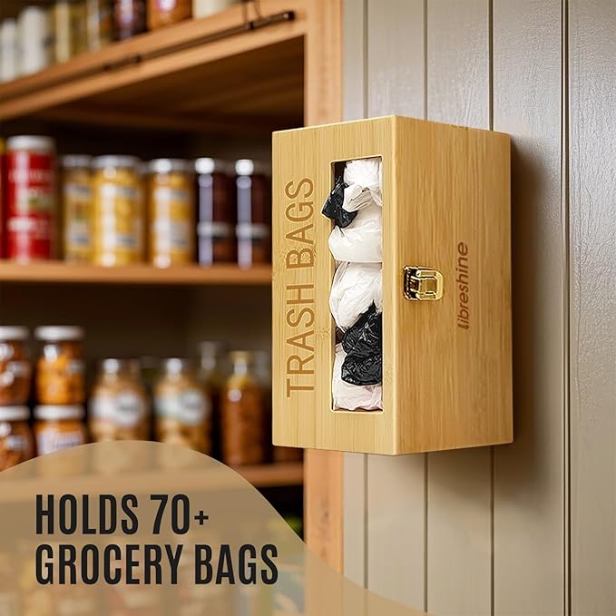 Libreshine Extra Large Bamboo Trash Bag Dispenser Holder for Tall Kitchen Bags, Fits Costco Jumbo Rolls, 13–33 Gallon Garbage Bag Organizer for Pantry, Under Sink/Wall/Cabinet/Freestanding Mount
