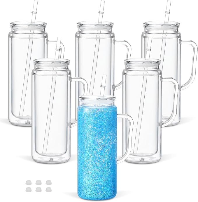 20 Oz Acrylic Snow Globe Tumbler Cup with Handle, Double Wall Plastic Snowglobe Tumbler with Pre-Drilled Hole and Plug for Glitter DIY, 6 Pack