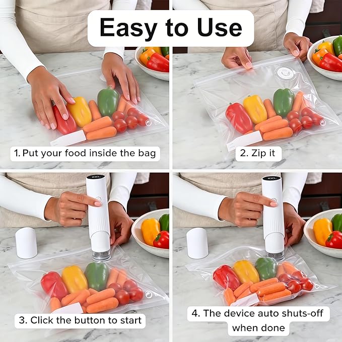 Handheld Vacuum Sealer for Food, Electric Food Vacuum Sealer Machine with Water Tank, 15 Vacuum Bag & 20 Mason Jar Lids, 60Kpa Suction for Food Preservation, Seal Food 8X Fresh Longer, Seal Meal Saver