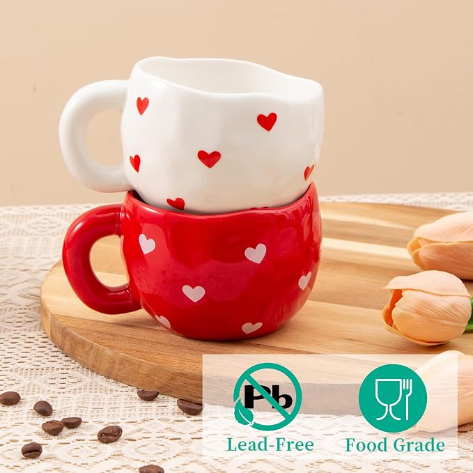 4pcs Ceramic Hearts Mugs Set, 9.4OZ Cute Love Coffee Cup Set, Red and White Color, Dishwasher Safe Espresso Cups, Gift for Women (Heart)