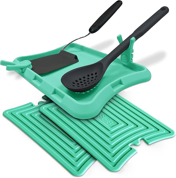 Nottadrip Silicone Spoon Rest for Stove Top - Kitchen Spoon Rest for Countertop, Ladle Holder, All in 1 Serving Station, Elevate Handles, Drip to Tray, Mess Free - 5PC Trivet Set - Mint