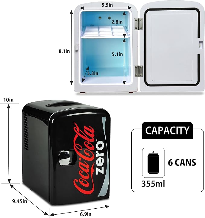 Coke Zero Mini Fridge - 6 Can Refrigerator for Bedroom Office, Portable Table Top Beverage Cooler, 12V 110V Refrigerador For Drinks, Soda, Wine Use In Car, Dorm, Outdoor, Patio