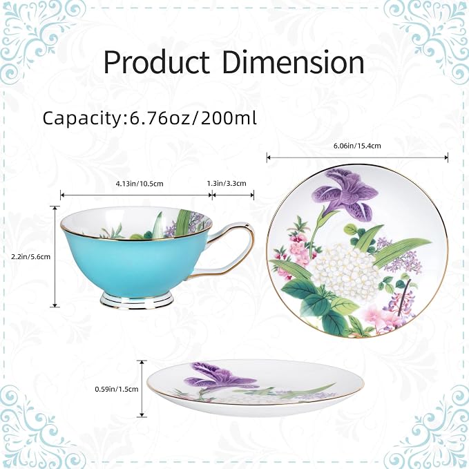 KAMMAK Tea Cups and Saucers Set of 2, Porcelain Coffee Cups, Stackable Espresso Mugs, Ceramic Demitasse for Coffee, Cappuccino, Latte, Americano, Tea, Peony + Hydrangea