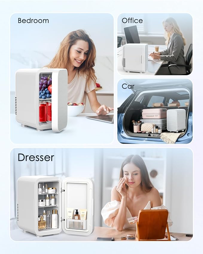 FANSEXPERT Skincare Fridge with Glass Panel, 6L Mini Fridge for Home/Car, AC/DC Portable Thermoelectric Cooler and Warmer, Makeup Mini Compact Refrigerator for Skincare Cosmetics Food Drinks (White)