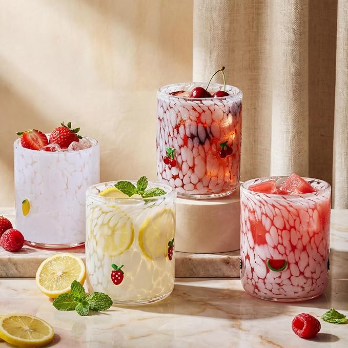 SiliFine 4 Pack Fruit Icon Juice Glasses Set - 14 oz Cherry, Watermelon, Strawberry, Lemon Stemless Glass Cup for Coffee Wine Cocktail Drinking - Summer Birthday Holiday Party Supplies & Ideal Gift