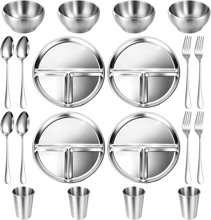 20PCS Stainless Steel Plates and Bowls Sets, Includes 4Set 3 Compartment Plates, Rice Bowls, Cups, Forks, Spoons, 304 Reusable Camping Mess Kits for Home Kitchen, Dorm and Outdoor Picnic (Silver-B)