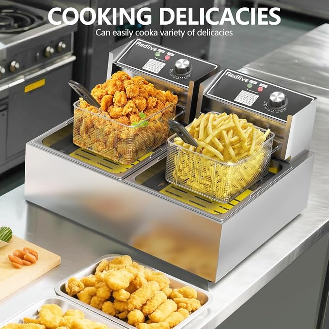 Commercial Deep Fryer with Basket 21QT/20L Stainless Steel Large Capacity | 3400W, 2 Independent Baskets, Countertop, Commercial & Home Use
