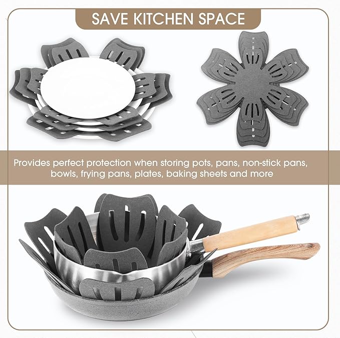 Nuogo 30 Pieces Pan Pot Protectors for Stacking 5 Different Size Max 16" Felt Pan Liners Protector Pad Anti Slip for Protecting and Dividers Stacking Separators(Gray)
