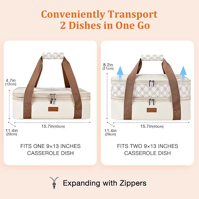 Expandable Casserole Carrier Bag - Double Decker Food Bag, Insulated Casserole Carrier for Hot or Cold Food, Lasagna Holder Tote for Picnics,Beaches,Traveling or Gifts