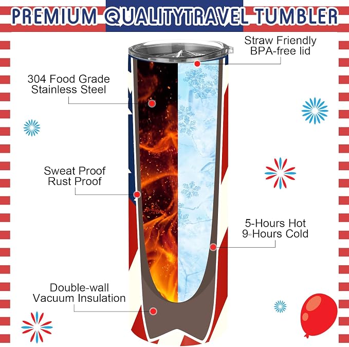 Norme 4 Pcs American Flag Tumbler Patriotic Gift 20oz 4th of July Independence Day Stainless Steel Tumbler with Lid Straw Brush Insulated Travel Mug Cup for Fathers Day Memorial Veteran