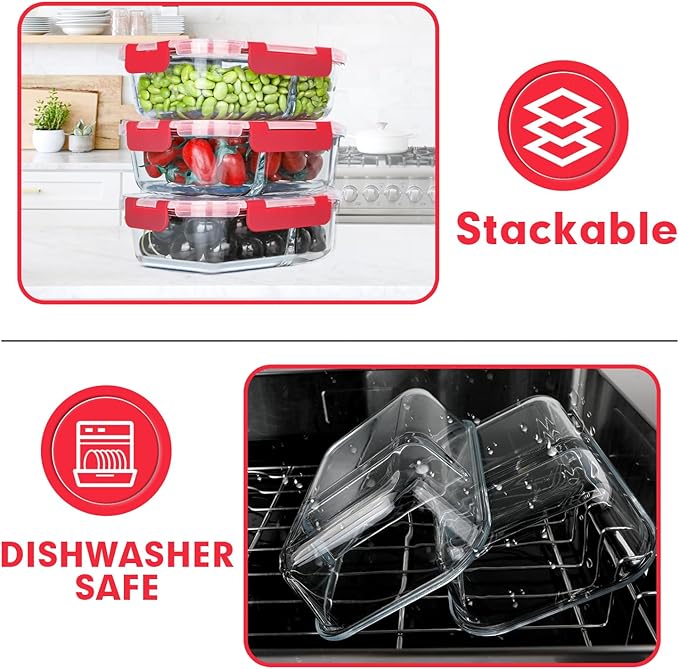 VERONES 10 Pack Glass Meal Prep Containers 2 Compartment Set, 30 OZ Airtight Glass Lunch Containers, Glass Food Storage Containers with Lids, for Microwave, Oven, Freezer & Dishwasher Friendly，Red
