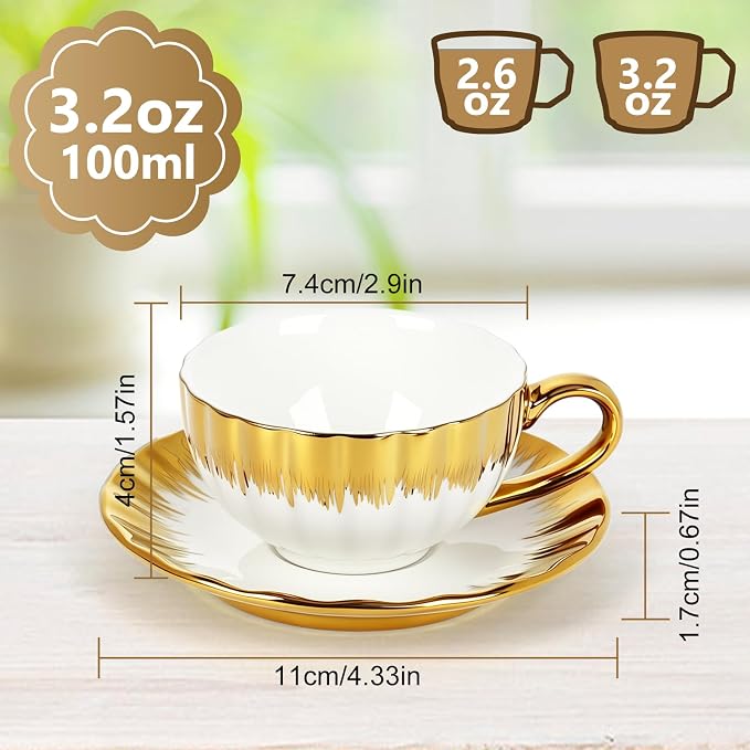 6 Pack 100ml Espresso Coffee Cups with Saucers, White Porcelain with Gold Electroplated Brushstroke Rim, Pumpkin Textured Ceramic Tea Cup Set for Cappuccino, Latte, Tea, Juice, Home & Party Use