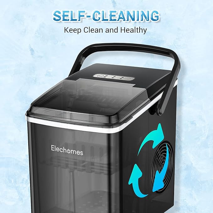 Portable Ice Maker, Elechomes Countertop Ice Maker Machine with Handle, 27lbs Ice Per Day, Compact Ice Machine with Self-Cleaning Function, Perfect for Home, Kitchen and Office