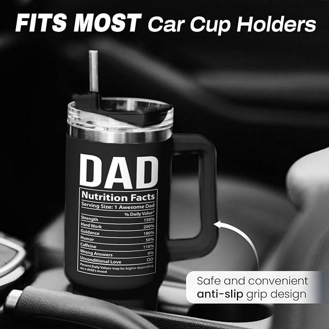SANDJEST Best Dad Ever Tumbler with Handle 40oz Stainless Steel Insulated Coffee Cup - Gift Set with Lid & Straw for Father’s Day, Birthday, Christmas