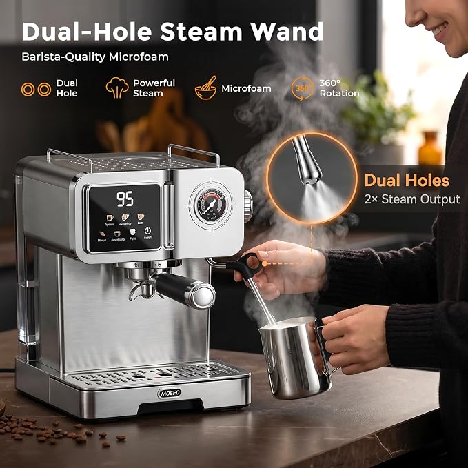 58mm Espresso Machine with Milk Frother, 20 Bar Semi-Automatic Coffee Maker, Visual Pressure Gauge & Touchscreen LCD Display, Professional Home Espresso Machine for Latte & Cappuccino, Silver