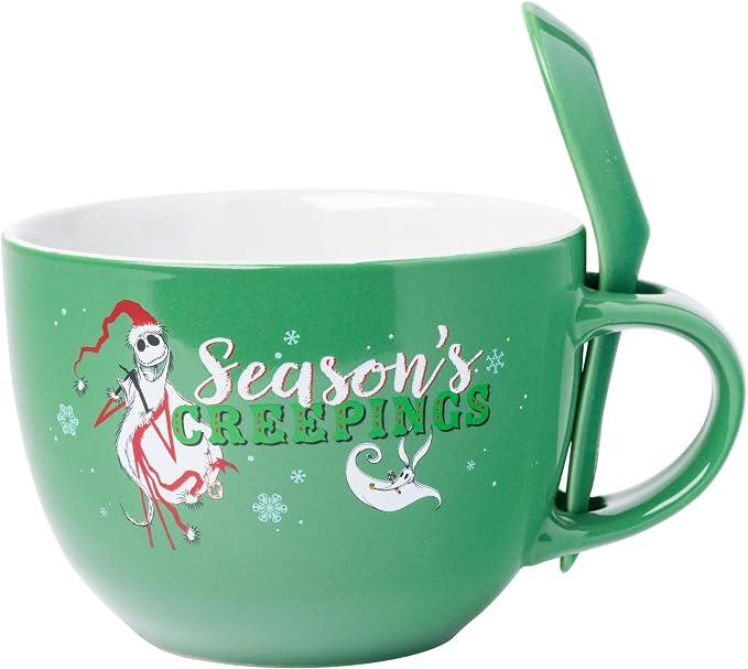 Silver Buffalo Disney Tim Burton's Nightmare Before Christmas Holiday Season's Creepings Jack Skellington Ceramic Soup Mug with Spoon Set, 24 Ounces