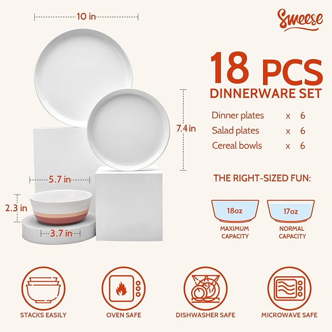 Sweese Plates and Bowls Sets,18 Pieces Modern Porcelain Dinnerware Set for 6 Handcrafted Uniqe Dinner Set Ceramic Dishware Dishes Microwave and Dishwasher Safe, Terra Cotta