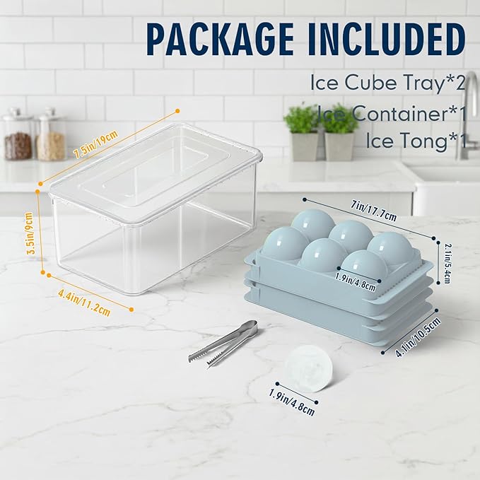 Large Ice Ball Maker Mold, 1.9" Round Ice Cube Mold for Whiskey Bourbon Cocktail, 6 Balls, Sphere Ice Mold, Big Ice Cube Tray with Container and Tongs, Easy to Fill & Release