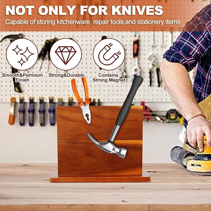 Magnetic Knife Block, Acacia Wood Knife Holder Stand with Strong Magnets, Double Side Knife Storage Rack for Kitchen (Brown)