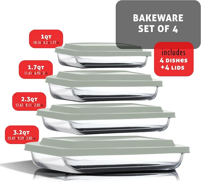 Eatex 8-Piece Deep Glass Casserole Dishes for Oven with Plastic lids, Rectangular Glass Baking Dish Set, Baking Pans for Lasagna,Leftovers, Cooking, Kitchen, Freezer-to-Oven and Dishwasher, Sage Green