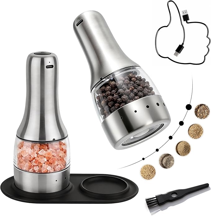 Electric Salt and Pepper Grinder Mill Set, 90ml Rechargeable Automatic Salt and Pepper Shakers with Dusty Tray, LED Lights, 5 Adjustable Coarseness for Kitchen, Outdoor Birthday Gifts for Women Mom