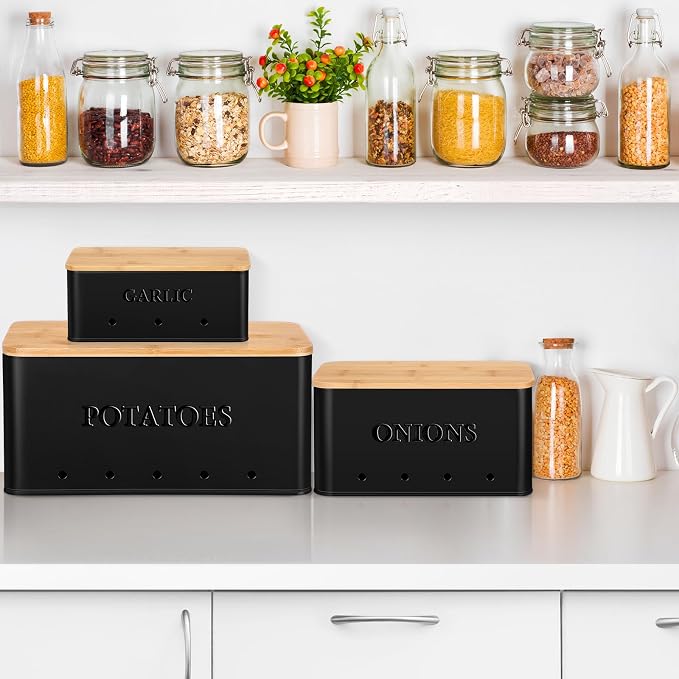 Honeydak 3 PCS Black Potato Onion Garlic Storage Bins Set, Metal Vegetable Keeper Containers with Lids Aerating Holes for Kitchen Counter Pantry Keep Fresh Longer Farmhouse for Sweet-potato Fruit