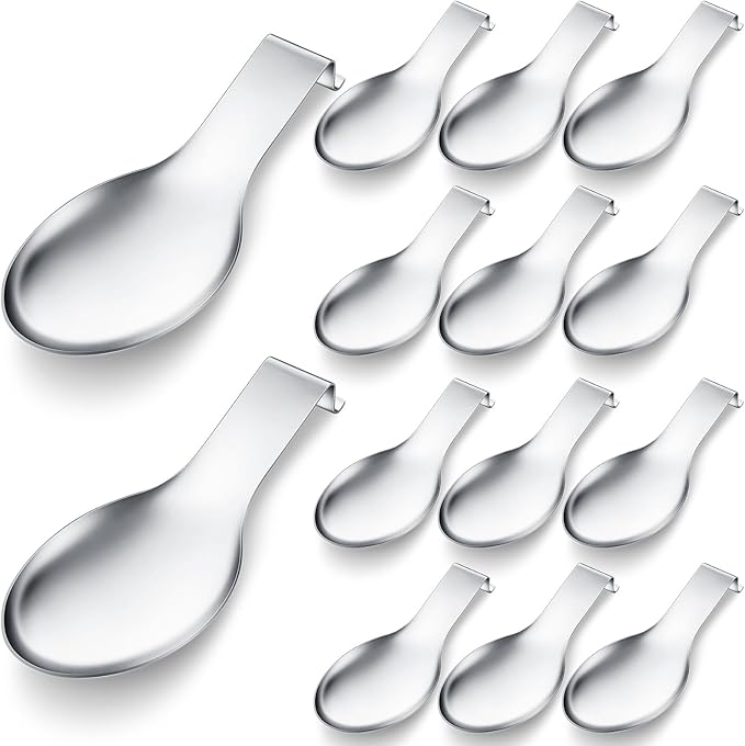 Nuanchu 14 Pcs Stainless Steel Spoon Rest Spatula Ladle Holder Spoon for Stove Top Heavy Duty Spatula Holder for Countertop Dishwasher Safe Utensil Rest for Kitchen, 3.8 x 9.6" (Silver)