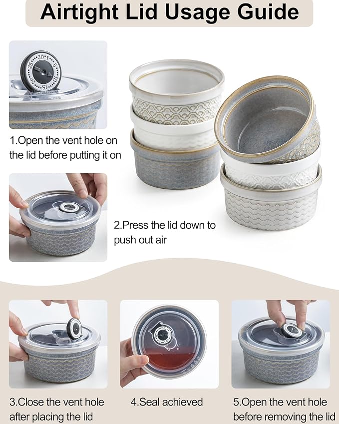 Ceramic Small Baking Dishes for Oven, 12oz Meal Prep Containers Charcuterie Bowls with Lids, Creme Brulee Ramekins Set, Pudding Custard Cups Fruit Souffle Bowls Set of 4, Grey Ripple