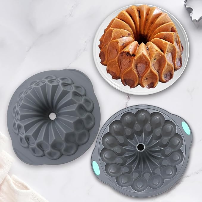 Tongjude 4 Pieces Silicone Fluted Cake Pans, 9/10/12 Cups Tube Baking Pan, Silicone Molds for Homemade Cake, Bread and Jello, Non-Stick, Grey